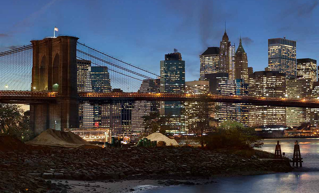 Architectural photograph of the Brooklyn Bridge and skyline of New York City