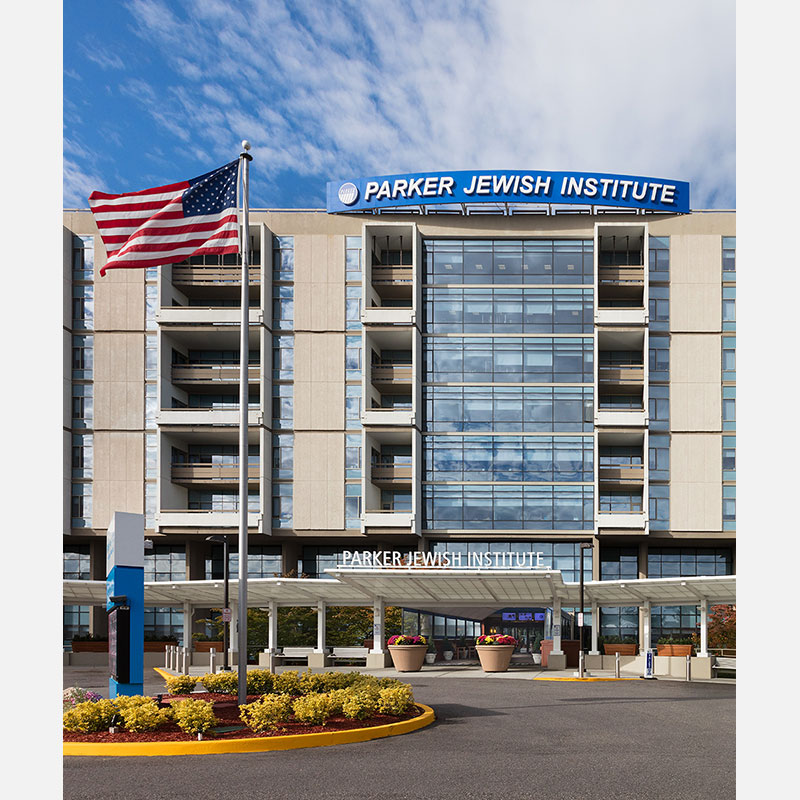 Professional architectural photograph of a healthcare-integrated retirement residence in New York