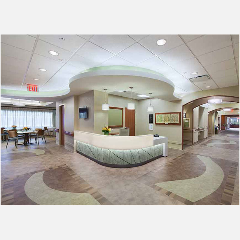 Professional architectural photograph of a healthcare-integrated retirement residence in New York